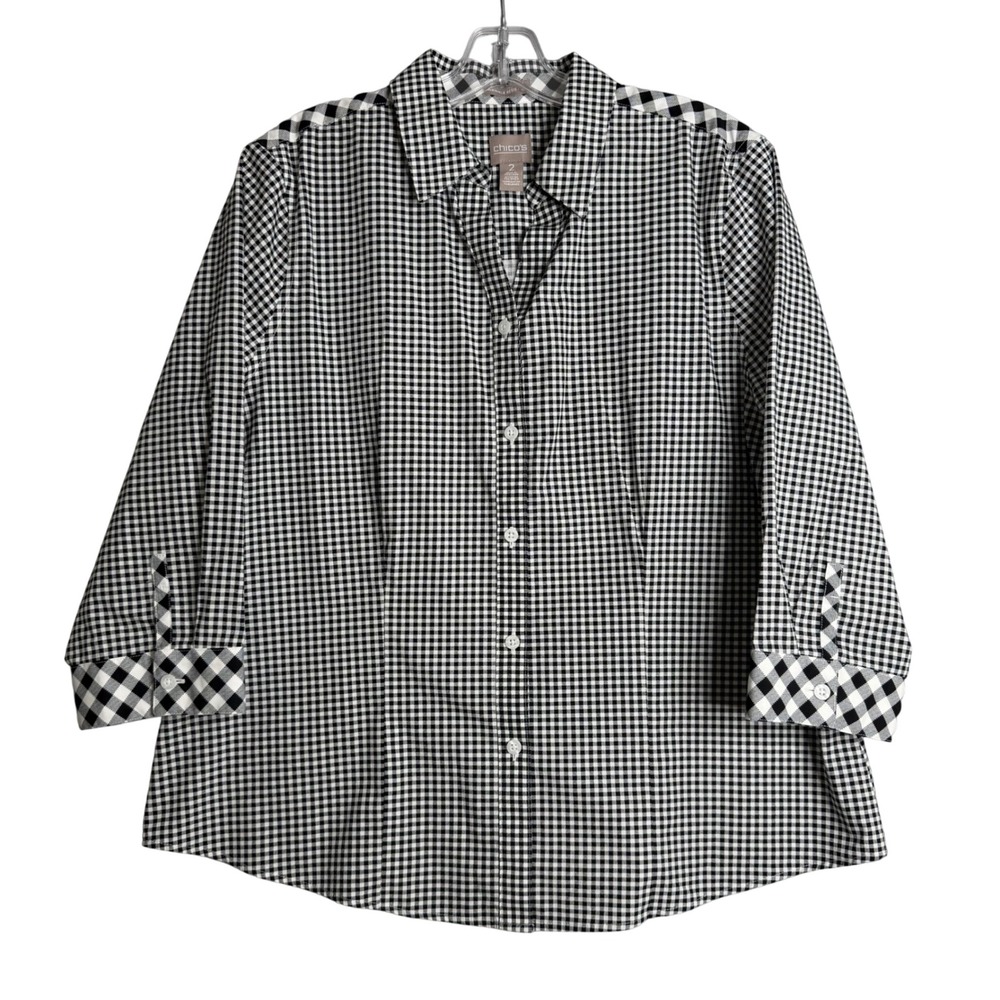 Chico's No Iron Button Front Shirt Womens L 2 Black Plaid Preppy Business Casual